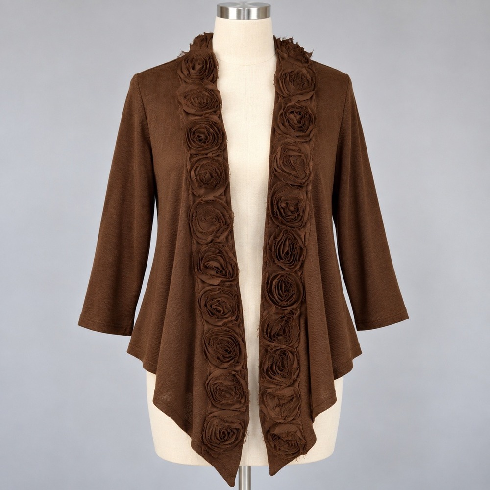 ECI Brown Sweater Large Rosette Floral Sharkbite Hem Dark Romantic Forest Fairy